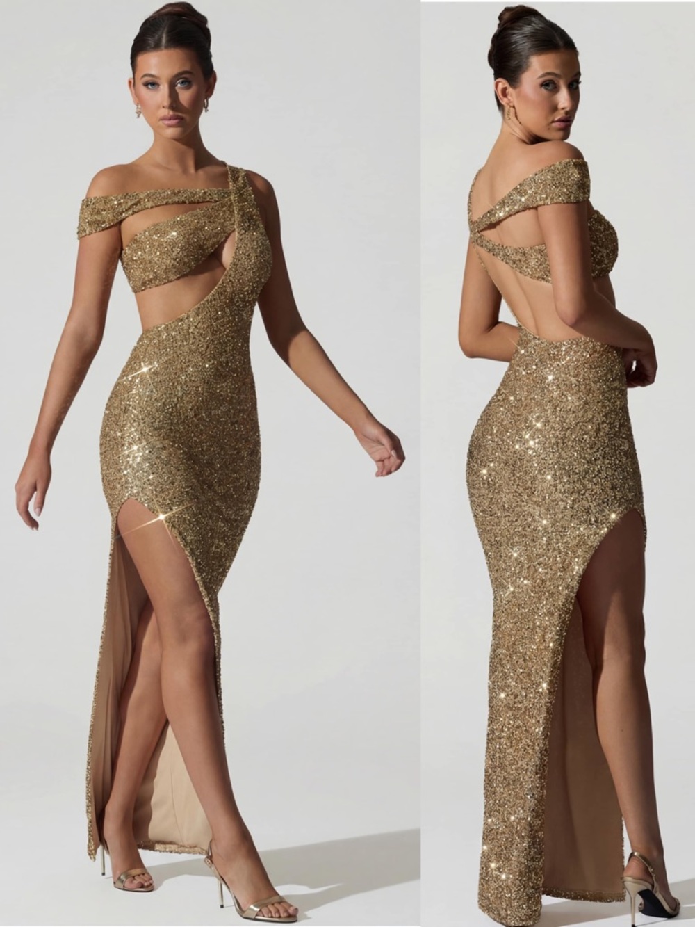Oh Polly NWT Persephone Embellished Asymmetric Cut-Out Gown Gold Sequin Size 6